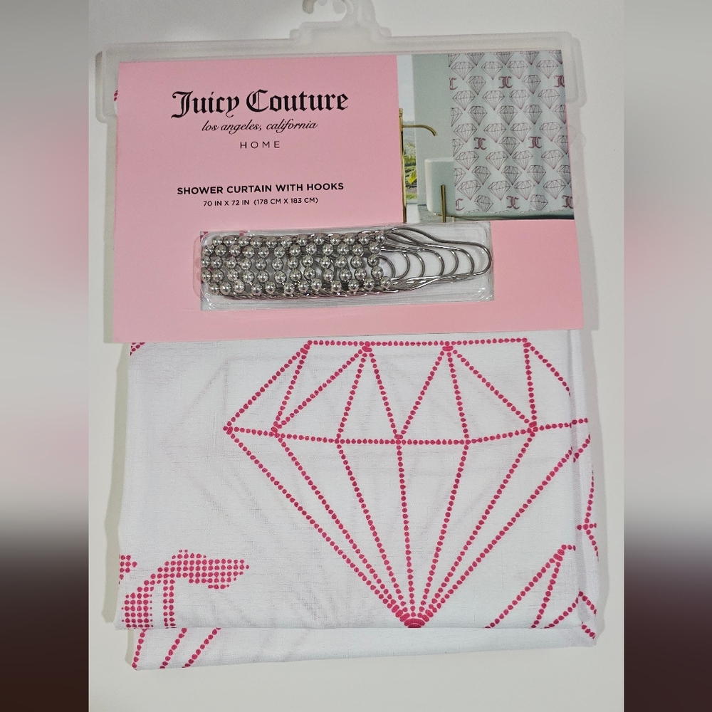 Juicy Couture White Shower Curtain with Pink Diamond Geometric Design New